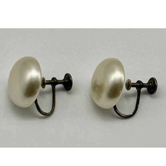 Vintage Cream Faux Button Pearl Adjustable Screw-Back Earrings w/Sterling Silver - Picture 3 of 6
